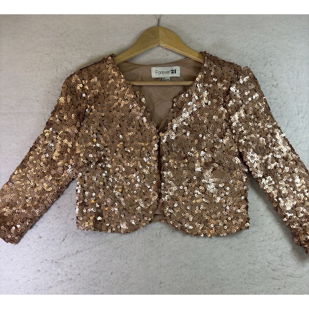 Forever 21 Rose Gold Sequin Open Front Lined Bolero/Shrug Jacket S Glam